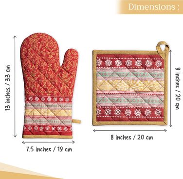 Рукавички для духовки, прихватки для каструль Maison d&39 Hermine, 100 бавовна, термостійкі кухонні рукавички, рукавички для духовки (19 x 33 см) та прихватки для каструль (20 x 20 см) для приготування їжі, Morzine - Рукавички для духовки (19 x 33 см) та 