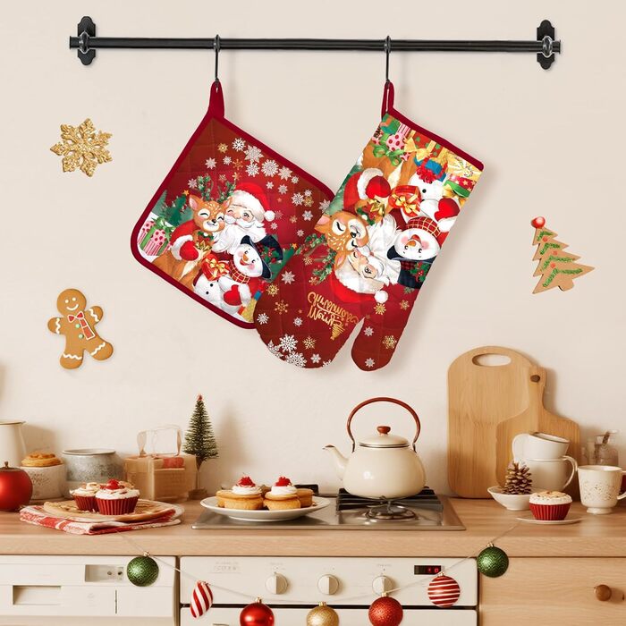 Набір з 2 різдвяних рукавиць для духовки та підставки для каструль Arquiel, 100 бавовняні кулінарні рукавички, термостійкі кухонні рукавички для приготування їжі, різдвяні подарунки для жінок (Санта Клаус, рукавичка для духовки підставка для каструль)