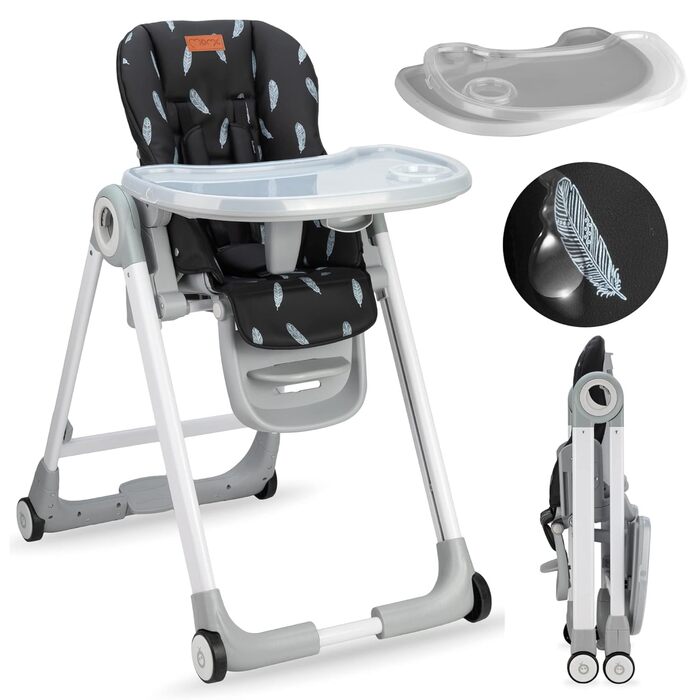 Дитячий стільчик для годування з 4 колесами та функцією гальма від 6 місяців чорний Momi