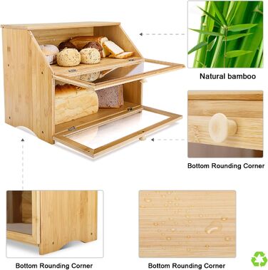 Бамбуковий хлібник Leader Accessories, 2-рівневий контейнер для хліба, безпечний для зберігання хліба, легкий догляд, 39x25x32 см, чорний (39x25x32 см/15,3&39x9,8&39x12,6&39) (Бамбук (39x25x32 см/15,3&39x9,8&39x12,6&39))