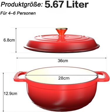 Чавунна жаровня 5,7 л з кришкою 28 см, червона LEADZM