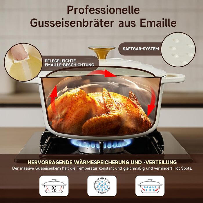 Чавунна форма для запікання 24 см, емальована з кришкою, включаючи 1 пару силіконових рукавиць Nilpferd