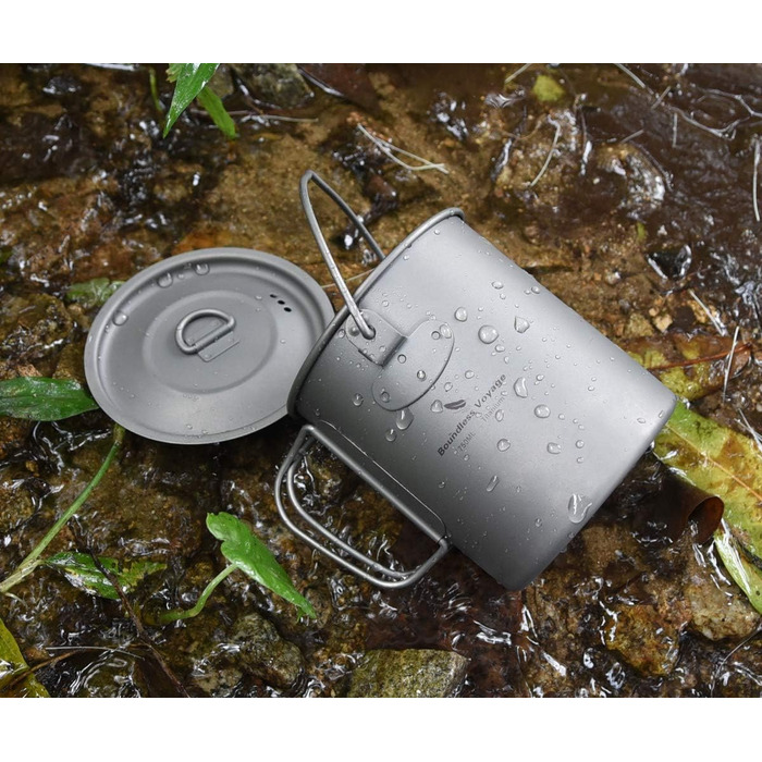 Безмежна подорож на відкритому повітрі 750 мл 800 мл 1100 мл 1300 мл Титанова каструля з кришкою Складна ручка для застави Кемпінг Піші прогулянки Пікнік Ультралегка портативна пляшка для води Чашка Кухоль Набір свиней (750 мл чашка свинина)