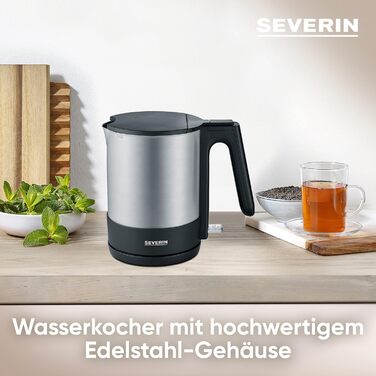 Чайник SEVERIN, потужний і компактний чайник з нержавіючої сталі у високоякісному дизайні, електричний чайник з фільтром від накипу, нержавіюча сталь/чорний, WK 3409, одинарний