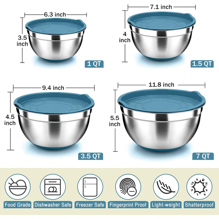 Миски для смешивания Herogo с герметичными крышками, набор из 4 шт. Миски для раскладки из нержавеющей стали с подходящими крышками и нескользящим силиконовым основанием, размер 4, 7, 3,5, 1,5, 4 больших металлических миски для смешивания, (синие)