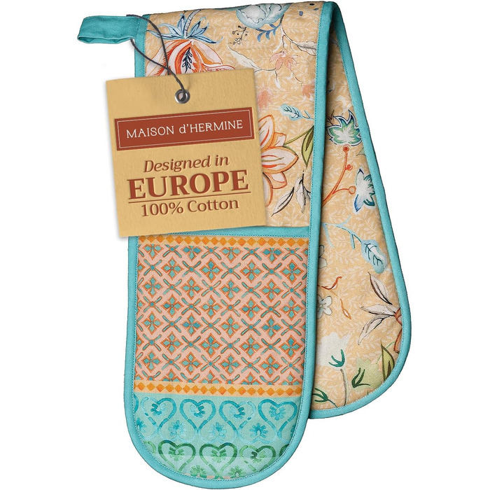 Рукавички для духовки Maison d&39 Hermine, прихватки для каструль, 100 бавовна, термостійкі кухонні рукавички, рукавички для духовки (19 см x 33 см) та прихватки для каструль (20 см x 20 см) для приготування їжі, Morzine - рукавички для духовки (19 x 33 с