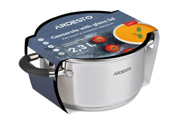 ARDESTO Каструля Gemini Salerno, скляна кришка, 2.3 л, сірі ручки з силіконом, нержавіюча сталь