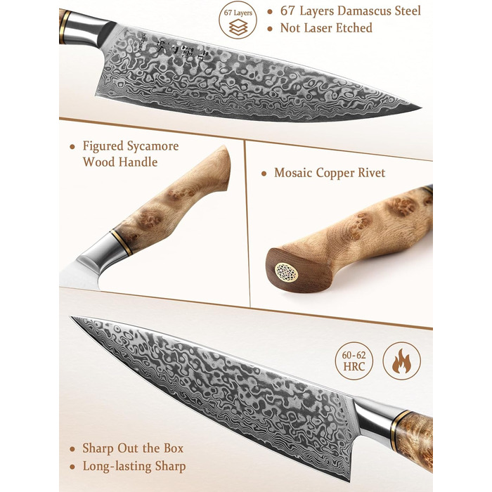 Нож поварской 21 см, дамасская сталь HEZHEN