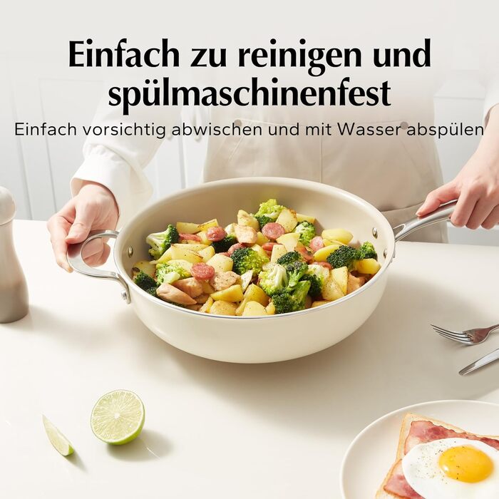 Сковорода с керамическим покрытием и стеклянной крышкой 28 см, бежевая Redchef