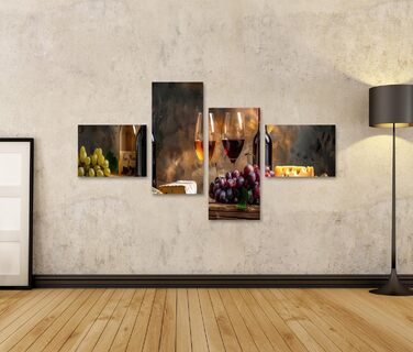 Друк на полотні Сільський натюрморт з пляшками вина, келихами, виноградом, сиром, хлібом на дерев&39яному столі Картини Настінний художній постер (полотно 150x80 см - 4 частини)