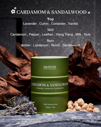 Ароматичні свічки M&SENSE з натурального соєвого воску, натуральна соєва свічка для домашнього декору, тривалий час горіння до 70 годин, класні подарунки-свічки для чоловіків і жінок (320 г, кардамон)