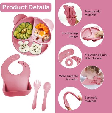 Силіконовий набір дитячого столового посуду Bizcasa з 9 предметів, нековзкий набір дитячого столового посуду, дитячий столовий посуд із присоскою, нековзна дитяча миска, дитяча тарілка, дитячий набір столових приладів для малюків, без бісфенолу А (темно-р