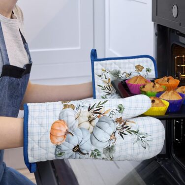 Набір з 2 кухонних рукавичок Arquiel з тримачем для каструлі Gnome Autumn Orange Checked, 100 бавовняні кулінарні рукавички, термостійкі кухонні рукавички для приготування їжі, осінній декор, подарунки для жінок (осінній гарбуз, духовка тримач для каструл