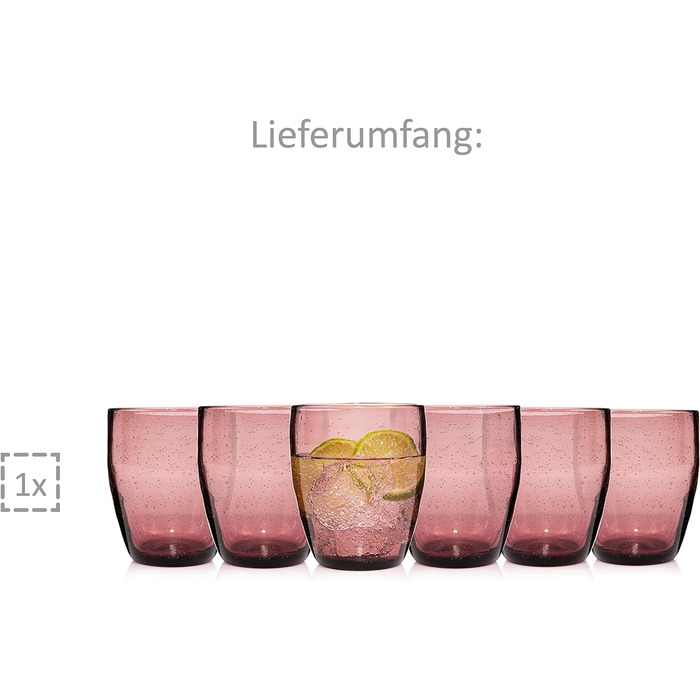 Набор бокалов для питья Singer Porto Набор стеклянных бокалов из 6 предметов на 6 человек, стакан для воды, разноцветный, уникальная огранка, повседневный, семейный ужин, офис, набор стаканов для сока на открытом воздухе 310 мл (London Purple 6 шт.)