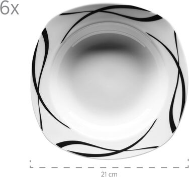 Серія Осло, набір тарілок з 12 предметів на 6 осіб з порцеляни, класичний столовий сервіз, позачасовий, елегантний, чорно-білий столовий сервіз 12 шт., 920673