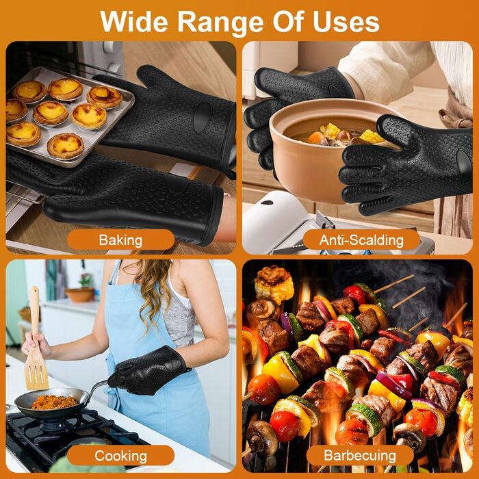 Набір рукавичок для духовки AUAUY, 1 пара силіконових рукавичок для духовки з 2 тримачами для каструль, нековзні кулінарні рукавички, термостійкі рукавички для духовки, рукавички для кухні, приготування їжі, випічки, гриля, барбекю (чорні-п&39ять пальців)