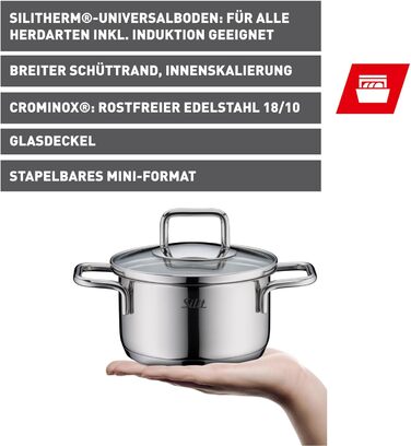Набір посуду Silit Extra Cook каструлі 12/14 см зі скляною кришкою, внутрішньою мірною шкалою, широким обідком для зручного зливання, з нержавіючої сталі Crominox, для невеликих порцій, компактно складаються, запобігають розтіканню (каструля для смаження,