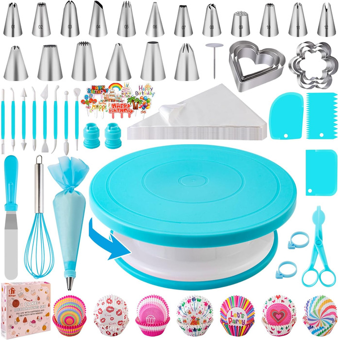 Набір аксесуарів для торта Nifogo, 356 предметів, аксесуари для випічки, аксесуари для декорування тортів з обертовою підставкою, кондитерські мішки, кондитерські насадки, шпателі для початківців (285 шт., сині)