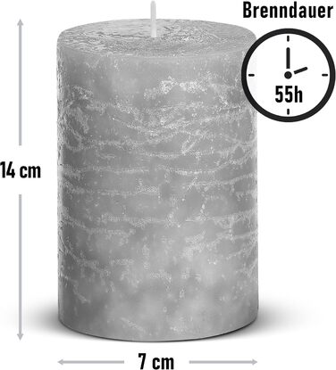 Набір із 4 свічок-стійок Brandsseller 7 x 10 см Однотонні та виготовлені з парафіну Сільські свічки з тривалим часом горіння Декоративні свічки для прикраси столу, Різдва та вечірок (7 x 14 см Набір із 4 шт. , сірий)