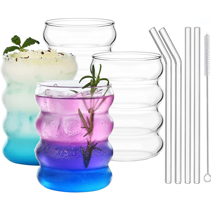 Набор из 4 ребристых стаканов со стеклянными трубочками 350 мл ALINK