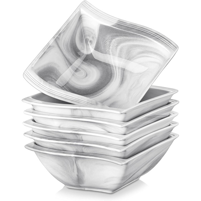 Серія FLORA, набір з 6 порцелянових креманки для каш, миски для рису 450 мл, закусочної миски, десертної миски для салату, супів, рамен, фруктів і т.д. 13,5x13,5x5,4 см (сірий, 6 шт. салатник)