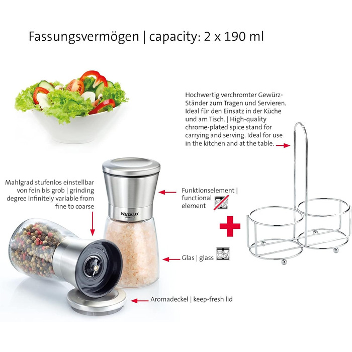 Дисплей Westmark, Вміст 6 дозаторів, Ємність 190 мл кожен, Скло/Нержавіюча сталь/Пластик, Прозорий/Чорний/Сріблястий, 63592611 (кружений, , Прозорий/Сріблястий/Чорний)