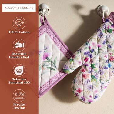 Рукавички для духовки Maison d&39 Hermine, Прихватки для каструль, 100 бавовна, термостійкі кухонні рукавички, рукавички для духовки (19 x 33 см) та прихватки для каструль (20 x 20 см) для приготування їжі, Морзін - Рукавички для духовки (19 x 33 см) та п