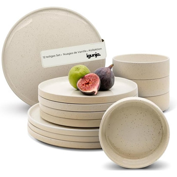 Набір керамічного посуду igunja, бежевого кольору, миска та тарілка 12 предметів на 4 особи, високоякісний, 100 ручної роботи, обідній сервіз з реактивною глазур&39ю, бежевий, зовні матовий, всередині глянцевий, бежевий, набір з 12 предметів