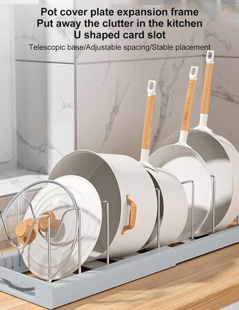 Розширюваний органайзер для каструль, органайзер для каструль та сковорідок, нековзний, регульований розмір, багатоцільовий органайзер для каструль у шафі з 7 тримачами для кухонь, офісів, ресторанів (сірий)