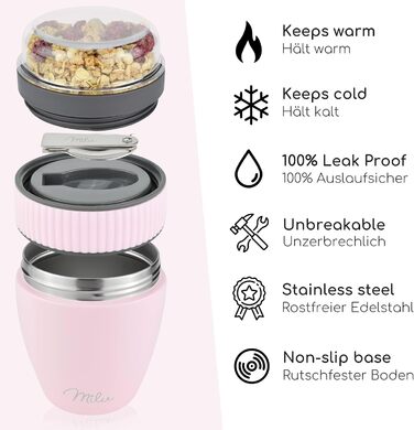 Стаканчик для пластівців Milu 400 мл з назвою MsliMax для йогурту герметичний стаканчик з ложкою (рожевий, нержавіюча сталь)