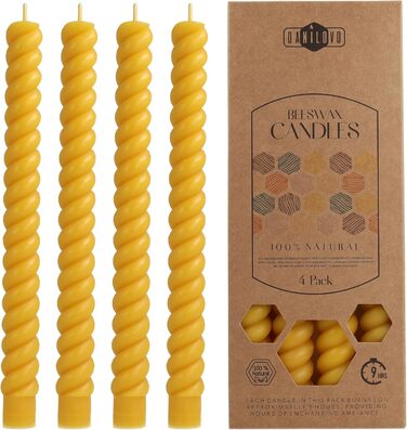 Набір з 4 конічних спіральних свічок 2 х 25 см з бджолиного воску, жовтий Danilovo