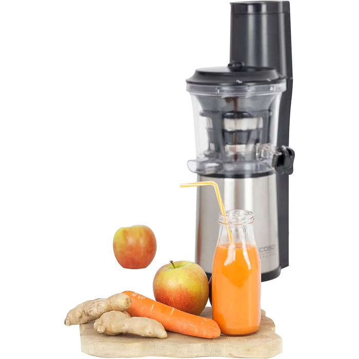 Дизайн повільної соковижималки, результат тесту 'Дуже добре', соковижималка для фруктів, овочів і зелені, великий завантажувальний отвір 75 мм Ø для цілих фруктів, з ситом для соку і сорбету, чорний, нержавіюча сталь, 500 -