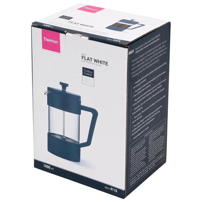 Заварювальний чайник з поршнем Fissman FLAT WHITE 1000 мл скляна колба (9116)