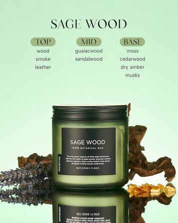 Ароматичні свічки M&SENSE з кавою у скляній банці з 2 гнітами 330 г, час горіння 70 годин, свічка з натурального соєвого воску для спальні, кухні, декору дому, подарункова свічка для чоловіків та жінок, смажена кава (шавлія)