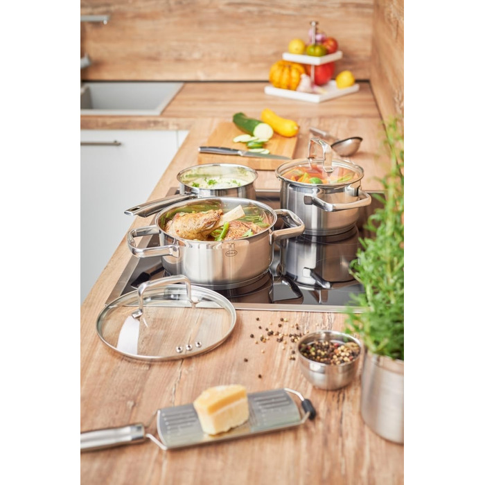 Форма для запікання RSLE EXPERTISO, універсальна ємність для приготування їжі з нержавіючої сталі 18/10, скляна кришка, внутрішня вага, підходить для індукційних плит, можна мити в посудомийній машині, срібляста (16 см, каструля)