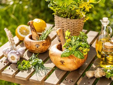 Оливковая ступка и набор пестиков - Ступка - Деревянная ступка - Экологичная ступка для трав и специй Ø Диаметр около 12 см Круглый Ø 12 см