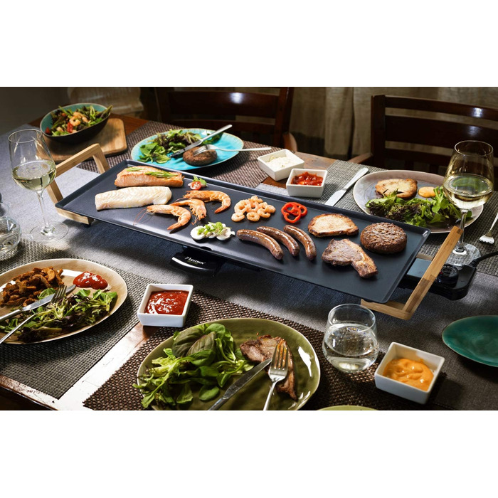 Электрический настольный гриль Bestron, гриль-пластина plancha/teppanyaki с антипригарным покрытием, барбекю до 10 человек, удлиненная поверхность для гриля, 2 000 Вт, цвет черный (XL)