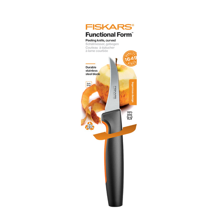 Кухонный нож для овощей изогнутый Fiskars Functional Form, 6.8см, нержавеющая сталь, пластик, черный