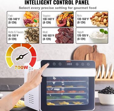 Дегідратор, контроль температури 30-90C, таймер від 0,5 до 48 годин, 700 Вт VEVOR