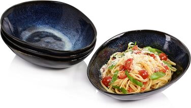 СПІВАЧКА Тарілка для пасти Токіо 4 шт., Тарілка для спагетті 4 персони, Набір посуду з кераміки Макарони, Тарілка з локшиною Можна мити в посудомийній машині, Миска для макаронів ручної роботи, Миска для макаронів синьо-чорна з коричневими вставками Набір