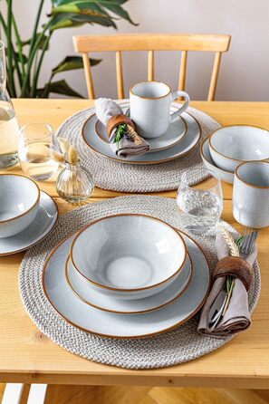 Винтажный набор посуды на 4 персоны, комбинированный сервиз из 20 предметов с изысканной реактивной глазурью и тонким коричневым ободком, керамогранит, серо-бежевый