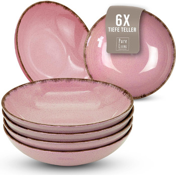 Набор посуды из керамогранита на 6 персон рустик 24 предм. - Набор посуды в деревенском стиле, можно мыть в посудомоечной машине - Набор мисок и тарелок - Посуда Pure Living (глубокие тарелки (6x), розовые)