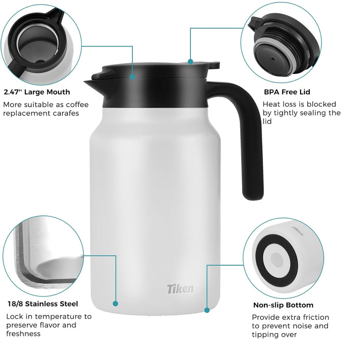 Термоглечик для кави 1,5 л з нержавіючої сталі, білий Tiken