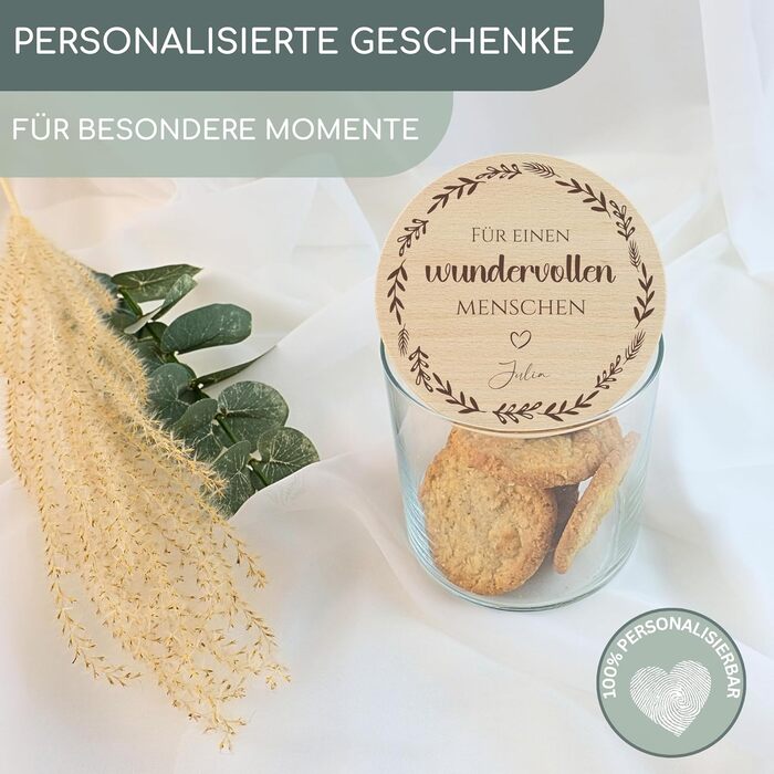 Персоналізовані банки для зберігання з кришками, невеликі подарунки, персоналізовані банки для печива, подарунки з подякою, дерев&39яні кришки з гравіюванням, персоналізовані подарунки, подарунки з подякою (Дизайн 1, 530 мл)