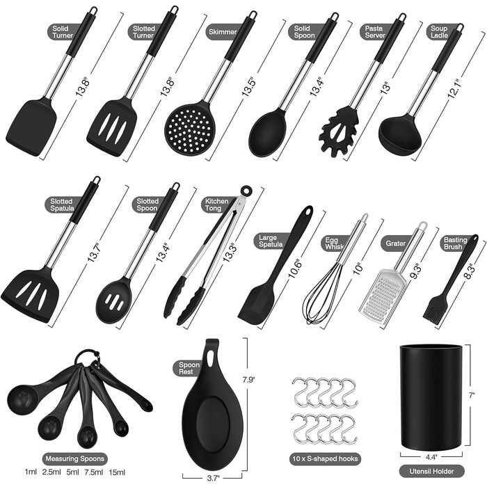 Набор кухонной утвари Herogo из 30 предметов с держателем, набор силиконовой кухонной утвари с ручкой из нержавеющей стали, жаропрочная кухонная утварь, можно мыть в посудомоечной машине, черный