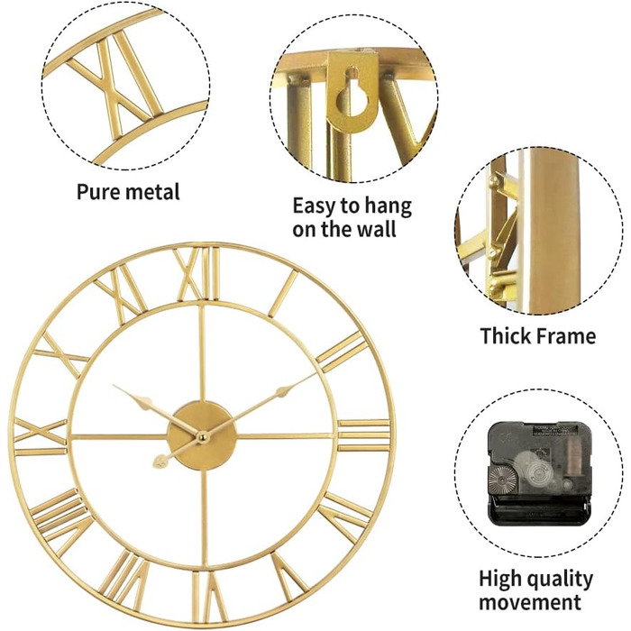 Великий вінтажний круглий металевий настінний годинник безшумний нецокаючий, що працює на батарейках, 40 см, 16 дюймів, римські цифри, годинники для вітальні, спальні, кухні, настінний годинник, прикраса (золотий, 60 см)