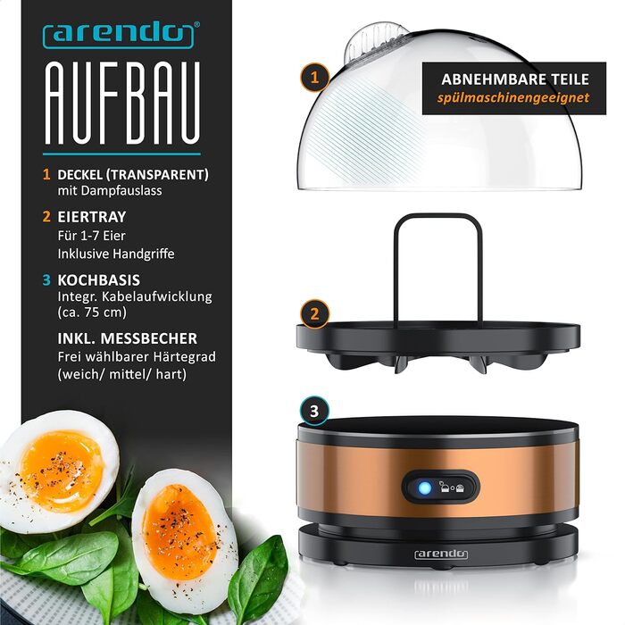 Яйцеварка Arendo Sevencook 400 Вт - Конструкция из нержавеющей стали - 1-7 яиц - Яйцеварка - Переключатель ВКЛ/ВЫКЛ - 3 степени твердости на выбор - Функция поддержания тепла - Звуковой сигнал - Без бисфенола А холодный серый (C Медь)