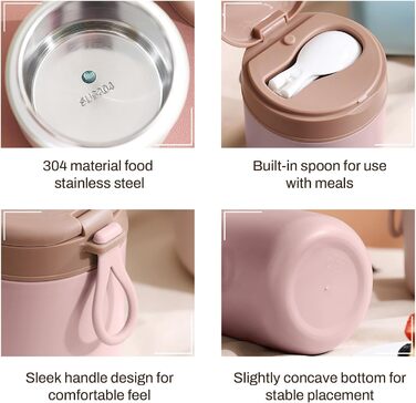 Герметичний ізольований харчовий контейнер, термоконтейнер, нержавіюча сталь, вакуумний харчовий контейнер з ложкою, для школи, роботи, пікніка (одношаровий) (рожевий)