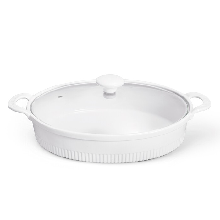 Овальна форма для запікання Fissman 31х25,5х6,5 см / 2,1 л зі скляною кришкою порцеляна (14159)