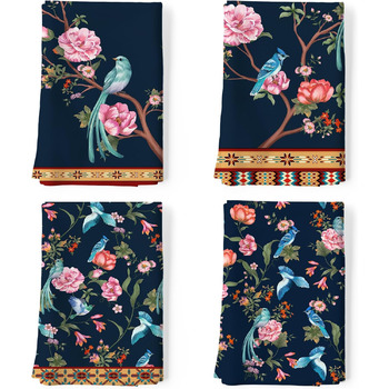 Кухонні рушники, бавовна, 4 упаковки, кухонні рушники, 100 бавовна. Осінній набір кухонних рушників. Універсальний високоякісний набір кухонних рушників для сушіння. Рушники для кухонних рушників 50 x 70 см (ретро-квіти та птахи)